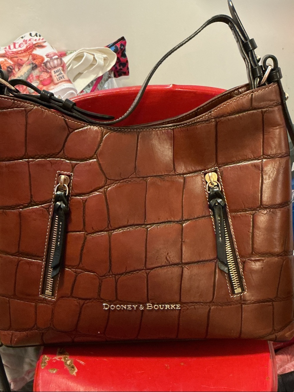Dooney & Bourke Brown Croc-Embossed Leather Shoulder Bag with Gold Hardware